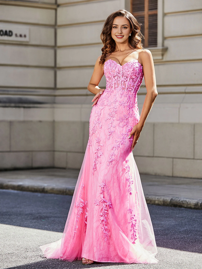 Mermaid Tulle Gown Strapless Lace Up Back Prom Dress