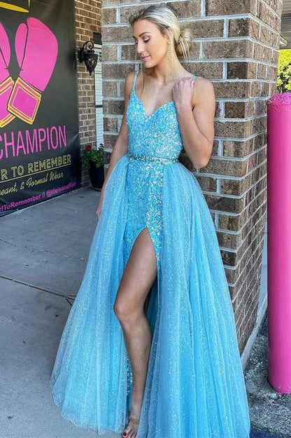 Sequin V-Neck Straps Long Prom Dress With Detachable Train