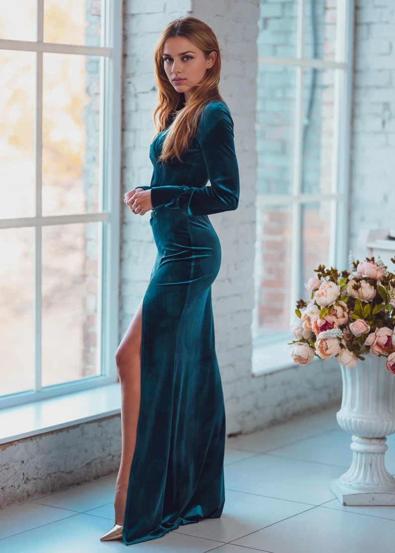 Maxi Bodycon Velvet Dress V Neck Long Sleeve Side Fork Formal Wear Dresses Wedding Guest Dress Evening Dress
