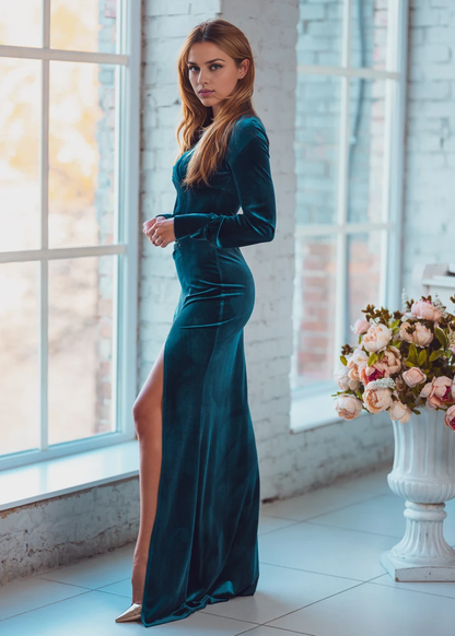 Maxi Bodycon Velvet Dress V Neck Long Sleeve Side Fork Formal Wear Dresses Wedding Guest Dress Evening Dress