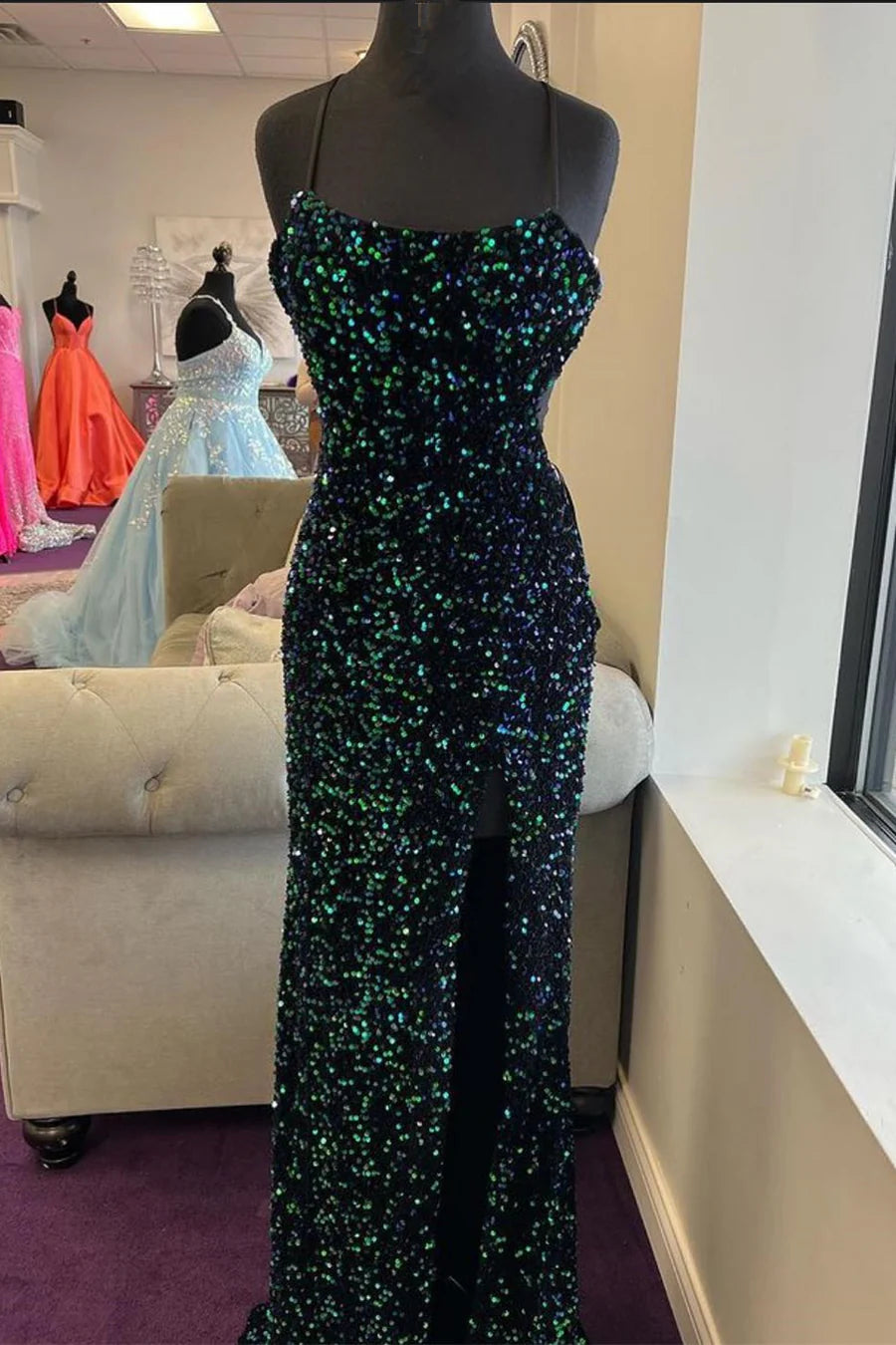 Sequined Spaghetti Straps Long Formal Dress