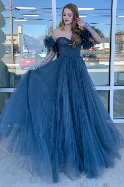 Princess  Tulle Sweetheart Long Prom Dress with Detachable Sleeves