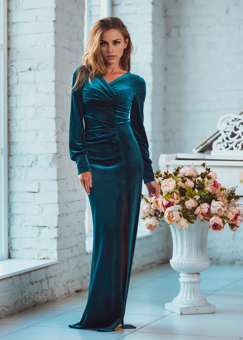 Maxi Bodycon Velvet Dress V Neck Long Sleeve Side Fork Formal Wear Dresses Wedding Guest Dress Evening Dress