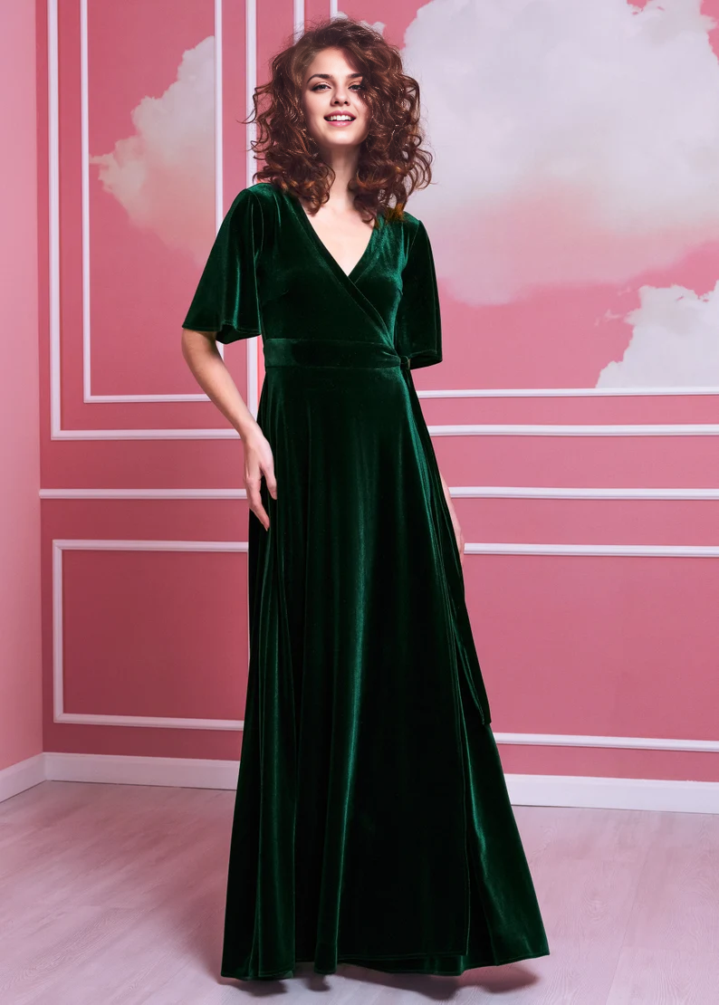 Wrap maxi Velvet Dress V Neck Flutter Sleeves Formal Wear Dresses Wedding Guest Dress Evening Dress