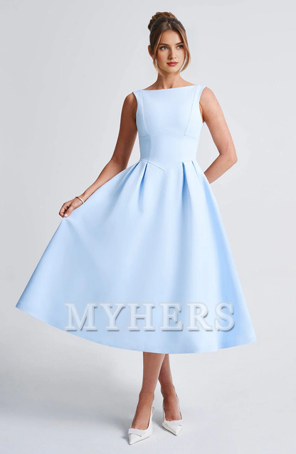 A Line High Wide Boat Neckline Sleeveless Backless Elegant Simple Dresses Bridesmaid Dresses Wedding Guests Dresses