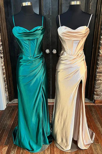 Cowl Neck Ruched Lace-Up Long Prom Dress with Slit