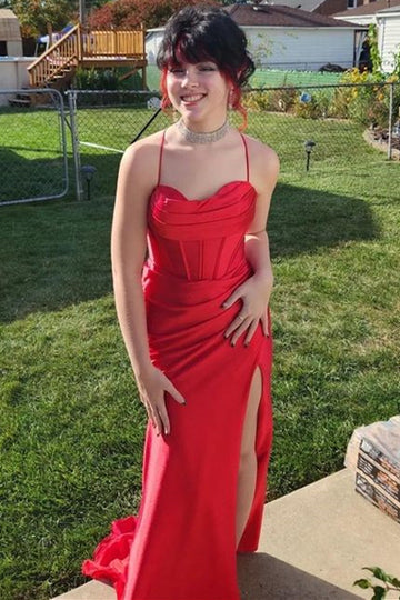 Cowl Neck Ruched Lace-Up Long Prom Dress with Slit