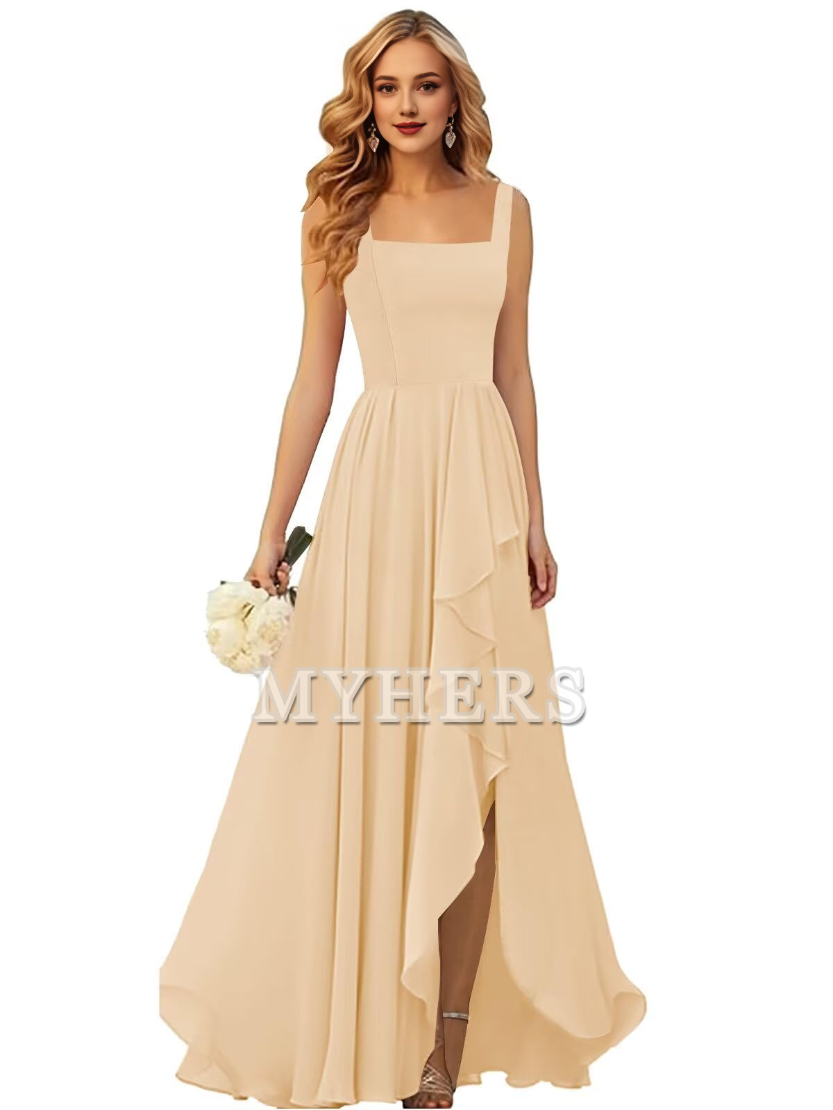 Elegant Simple Ruffle Square Neck Side Fork Long Bridesmaid Dresses Wedding Guests Dresses