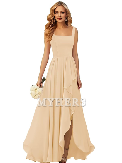 Elegant Simple Ruffle Square Neck Side Fork Long Bridesmaid Dresses Wedding Guests Dresses