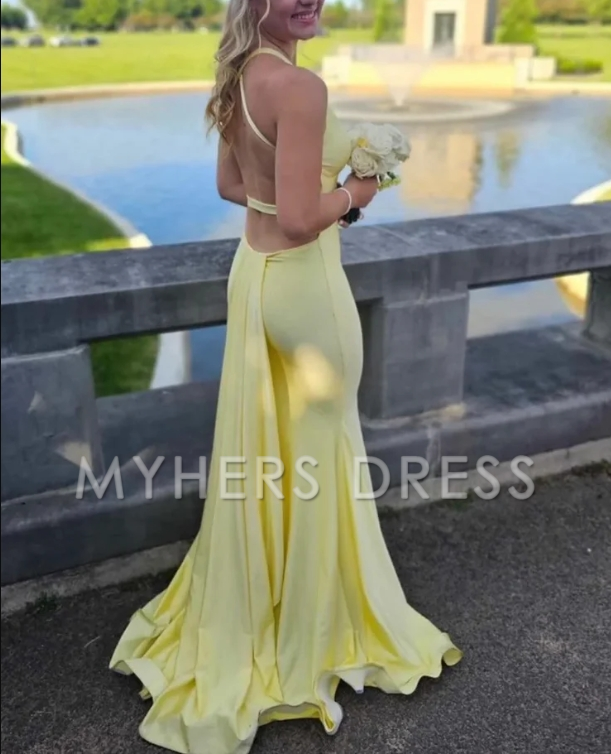 My Hers Ladies Formal Dress Sexy Mermaid V Neck Satin With Cross Back Prom Dress