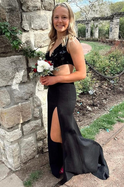 Mirror-Sequins Plunging V Neck Long Prom Dress with Slit