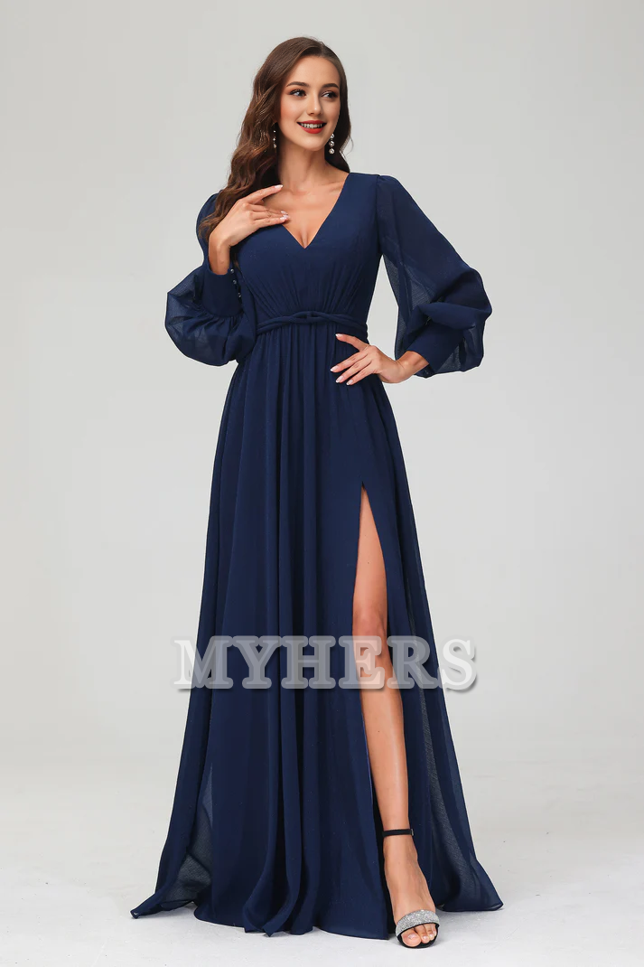 Formal Women's Dresses A-Line V-neck Long Sleeves V Neck Floor Length Dress Side Fork Elegant Exquisite Evening Dress