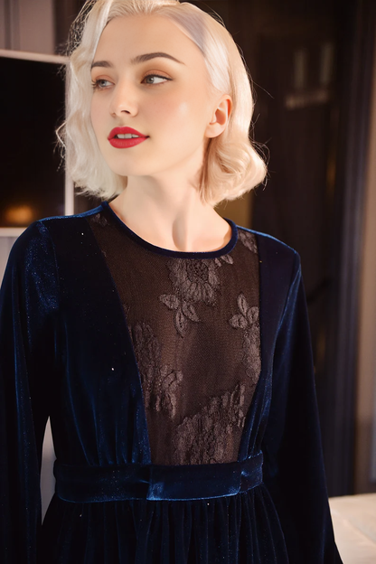 Velvet Dress Round Neck Long Sleeves Formal Wear Dresses Wedding Guest Dress Evening Dress