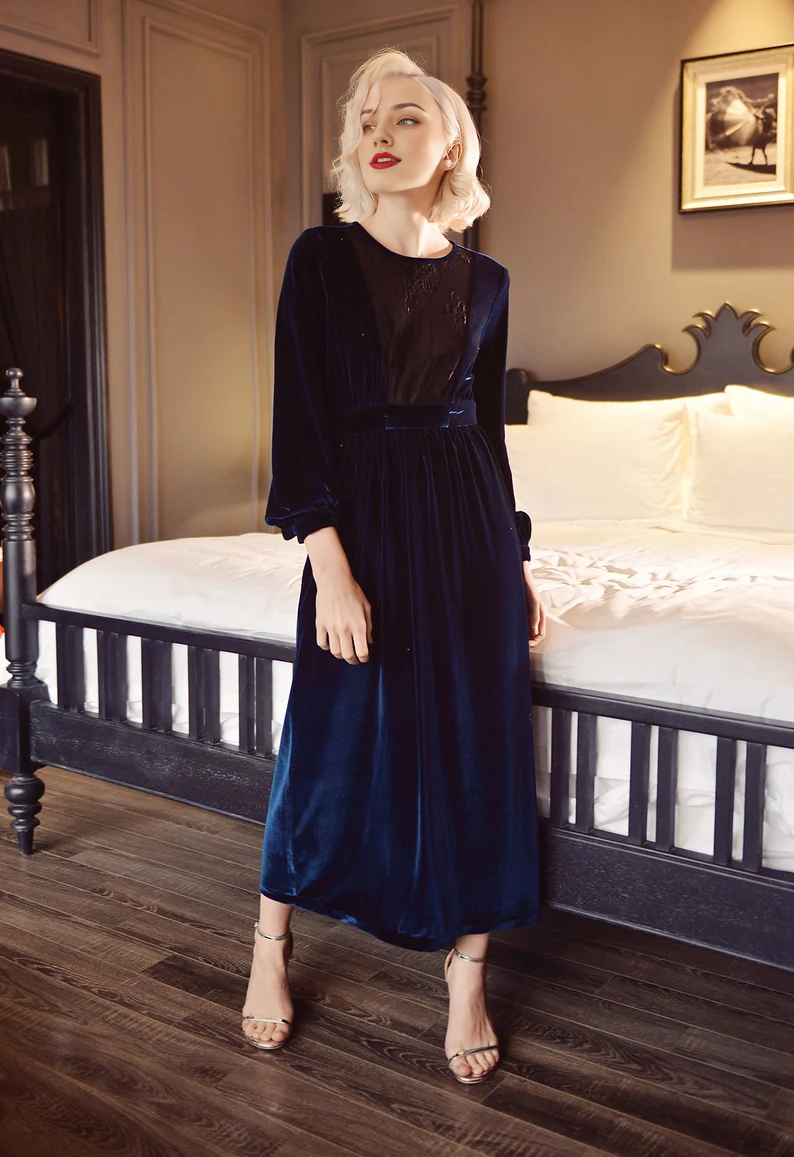 Velvet Dress Round Neck Long Sleeves Formal Wear Dresses Wedding Guest Dress Evening Dress
