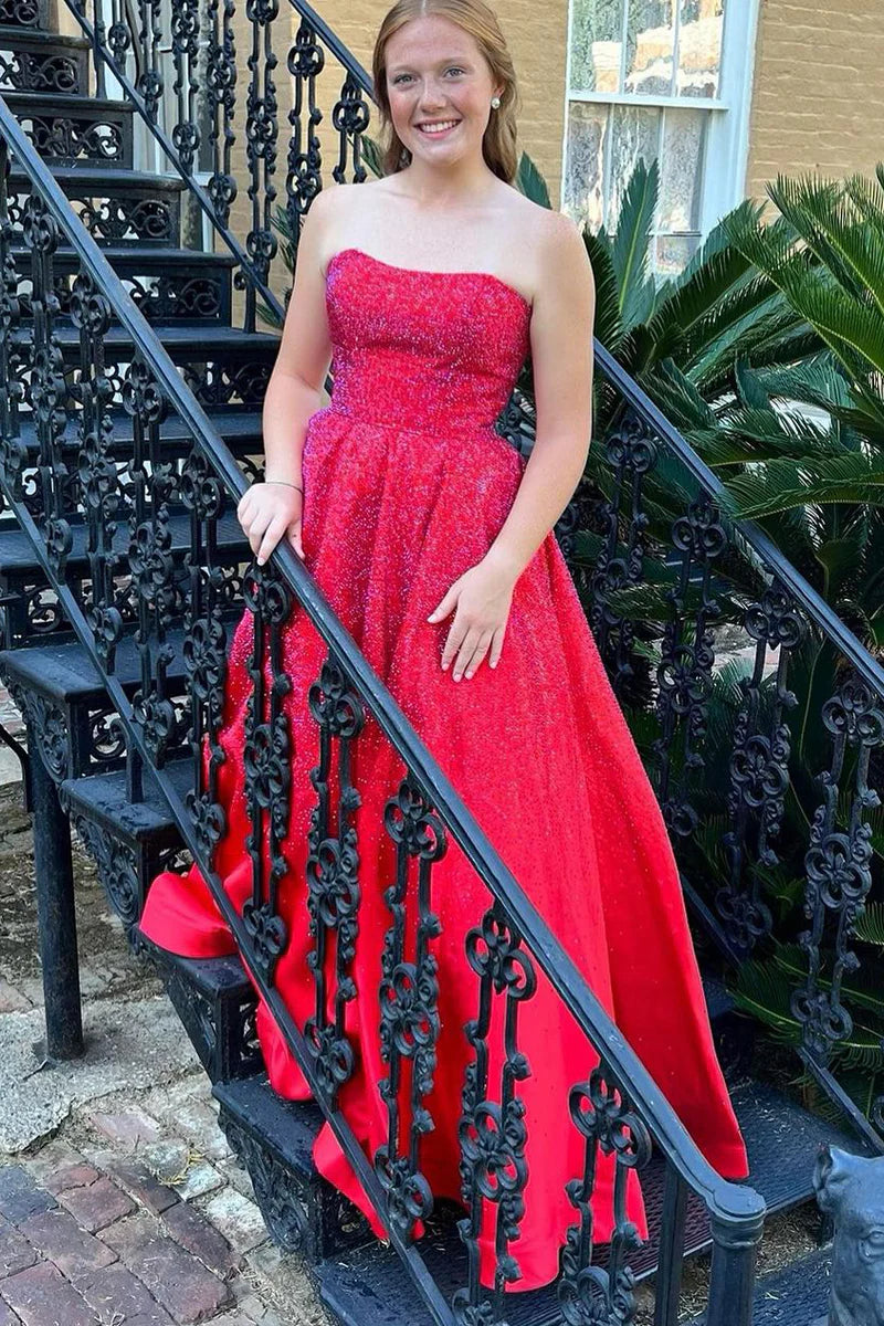 Cute Sparkly Ball Gown Red Off-the-Shoulder Satin Prom Dress with Beading