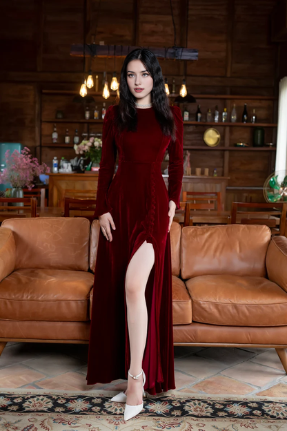 A-Line Velvet Dress Round Neck Long Sleeves Side Fork Christmas Dress Formal Wear Dresses Wedding Guest Dress Evening Dress ﻿