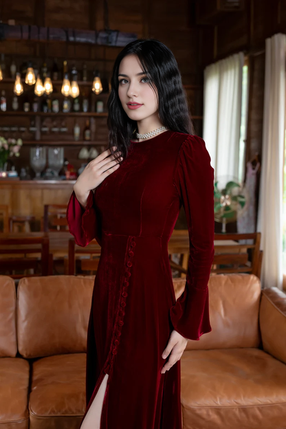 A-Line Velvet Dress Round Neck Long Sleeves Side Fork Christmas Dress Formal Wear Dresses Wedding Guest Dress Evening Dress ﻿