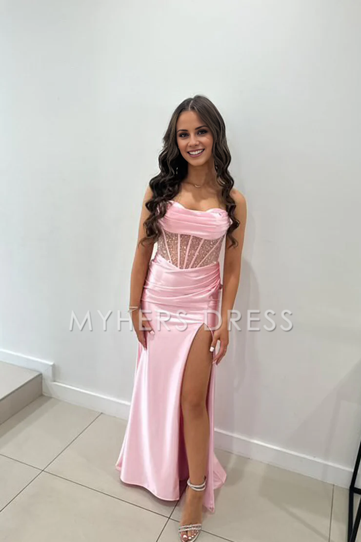 My Hers Ladies Formal Dress Charming Mermaid Cowl Neck Spaghetti Strap Backless Satin Slit Sexy Prom Dress