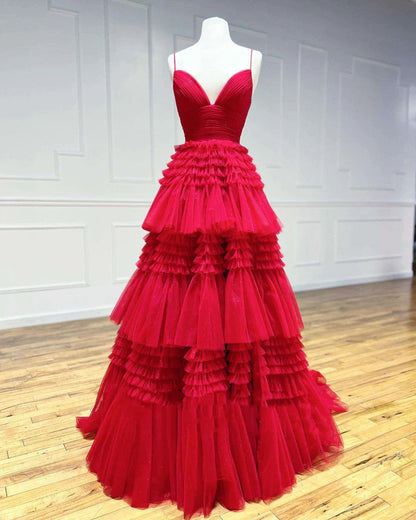 Tulle Multi-Tiered V-Neck Long Prom Dress