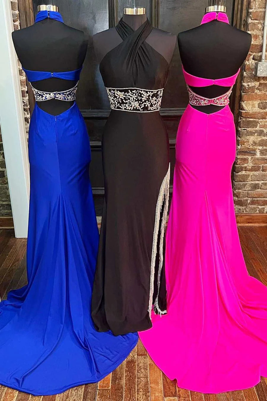 Cross-Front Beaded Cutout Back Mermaid Long Prom Dress