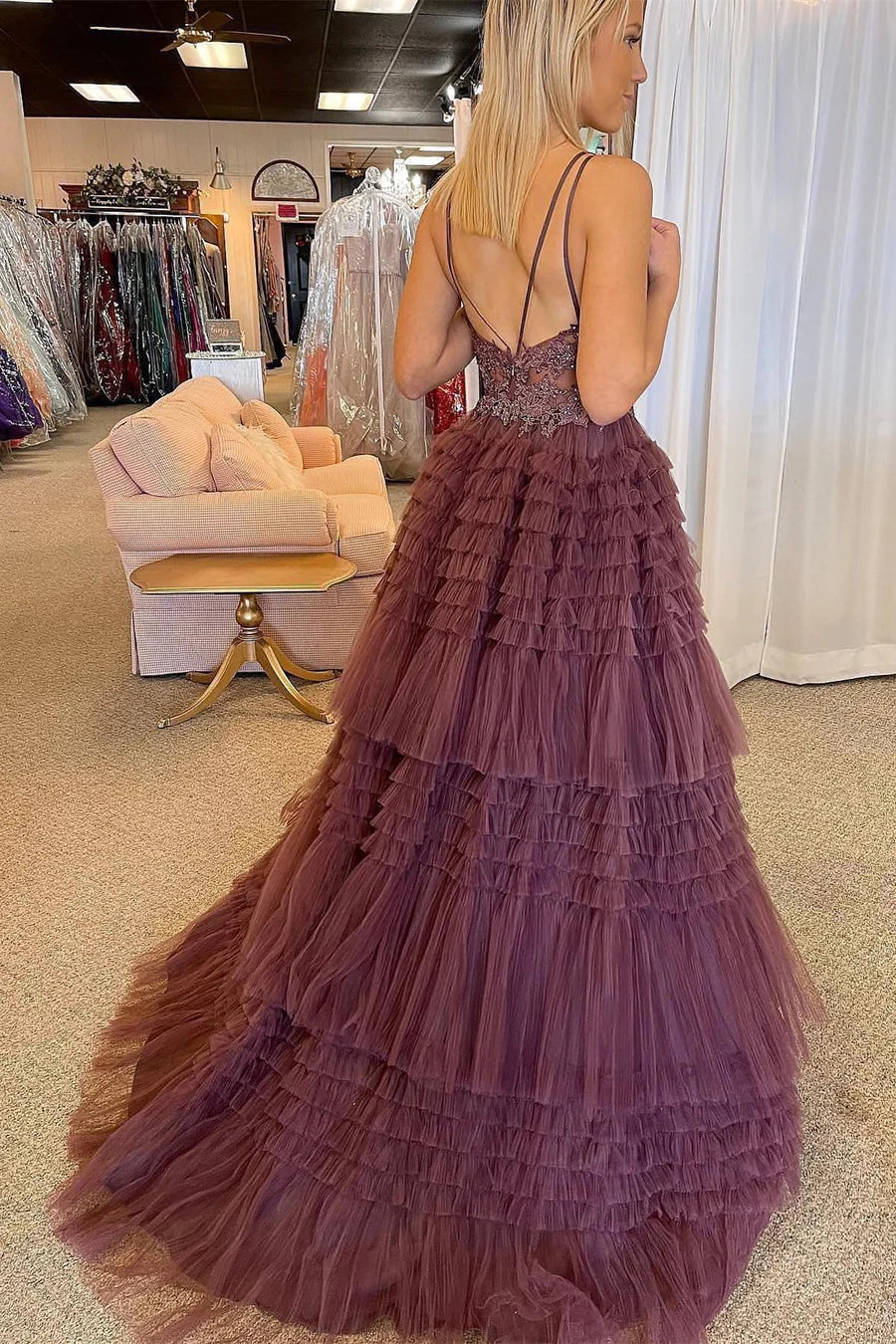 High-Low Tulle Plunge V Tiered Formal Gown with Ruffles