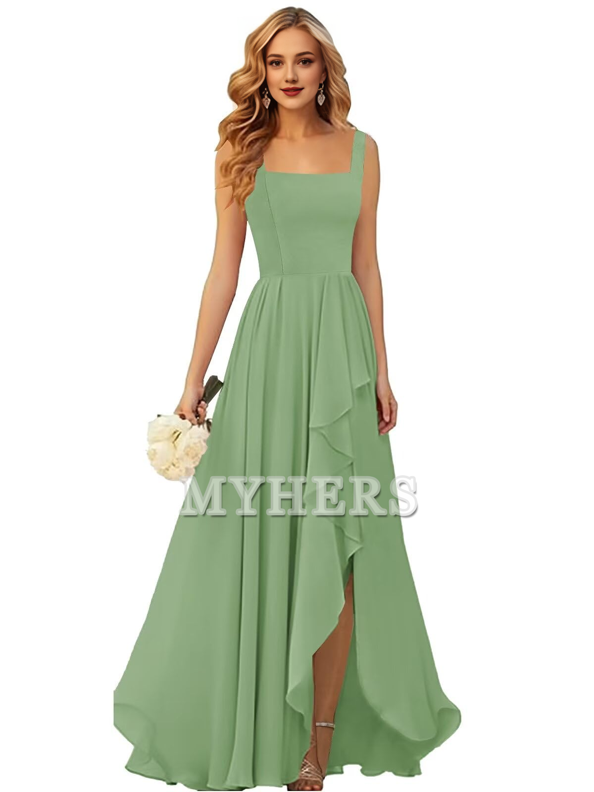Elegant Simple Ruffle Square Neck Side Fork Long Bridesmaid Dresses Wedding Guests Dresses