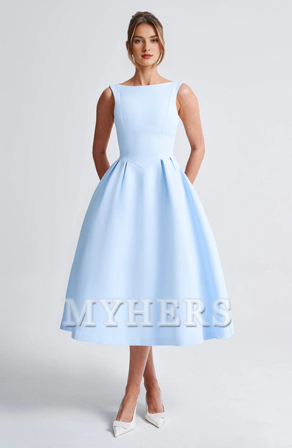 A Line High Wide Boat Neckline Sleeveless Backless Elegant Simple Dresses Bridesmaid Dresses Wedding Guests Dresses