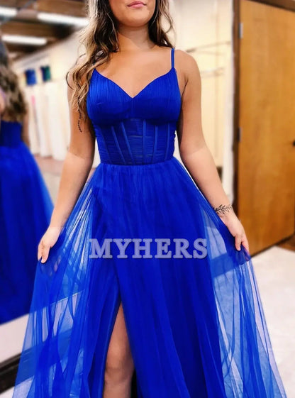 Formal Women's Dresses Wedding Guest Dresses A-Line V-Neck Sheer Bodice Long Romantic Prom Dress Side Fork Youthful Evening Dress