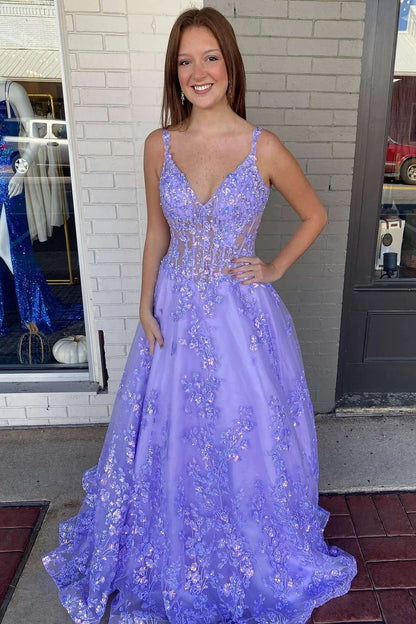 Floral Lace V-Neck A-Line Prom Gown