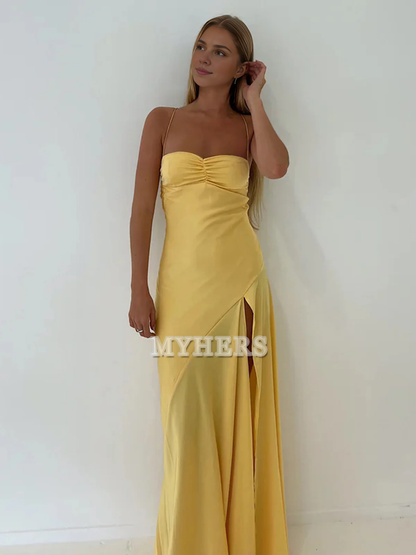 Formal Wear Dresses Wedding Guest Dresses Spaghetti Straps Sheath Long Prom Dresses Side Fork Elegant Simple Evening Dress