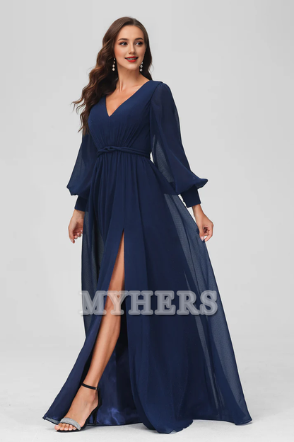 Formal Women's Dresses A-Line V-neck Long Sleeves V Neck Floor Length Dress Side Fork Elegant Exquisite Evening Dress