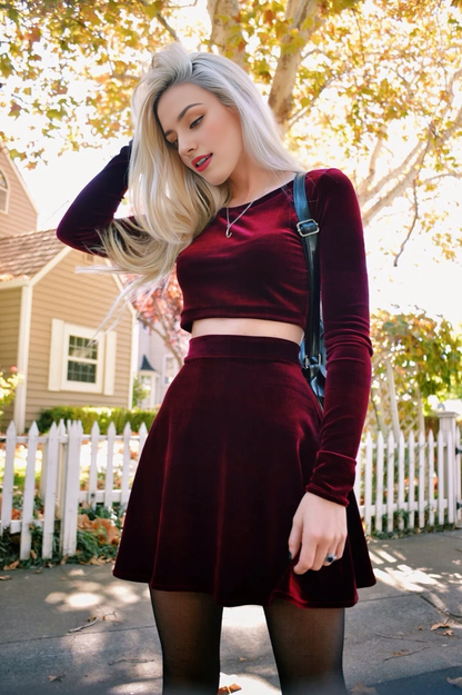 Two Piece Set Long Sleeve Velvet Dress Round Neck Long Sleeve Crop Top Skirt Set Formal Wear Dresses Wedding Guest Dress Evening Dress