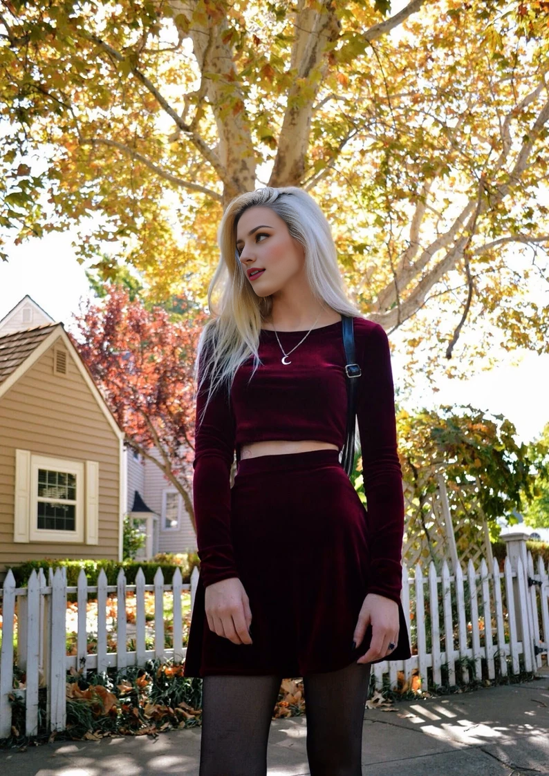 Two Piece Set Long Sleeve Velvet Dress Round Neck Long Sleeve Crop Top Skirt Set Formal Wear Dresses Wedding Guest Dress Evening Dress