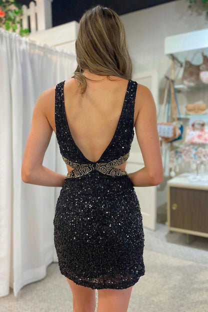 Sequin Beaded V-Neck Cutout Short Homecoming Dress