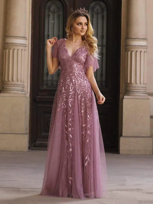 Shimmery V Neck Ruffle Sleeves Sequin Maxi Long Evening Dress/Prom Dresses Party Dresses Wedding Guest Dresses