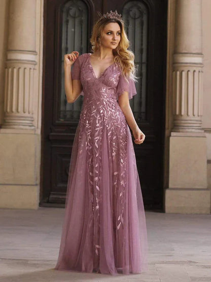Shimmery V Neck Ruffle Sleeves Sequin Maxi Long Evening Dress/Prom Dresses Party Dresses Wedding Guest Dresses