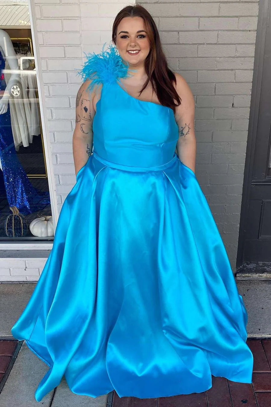 One-Shoulder Feathers A-Line Long Prom Dress with Pockets
