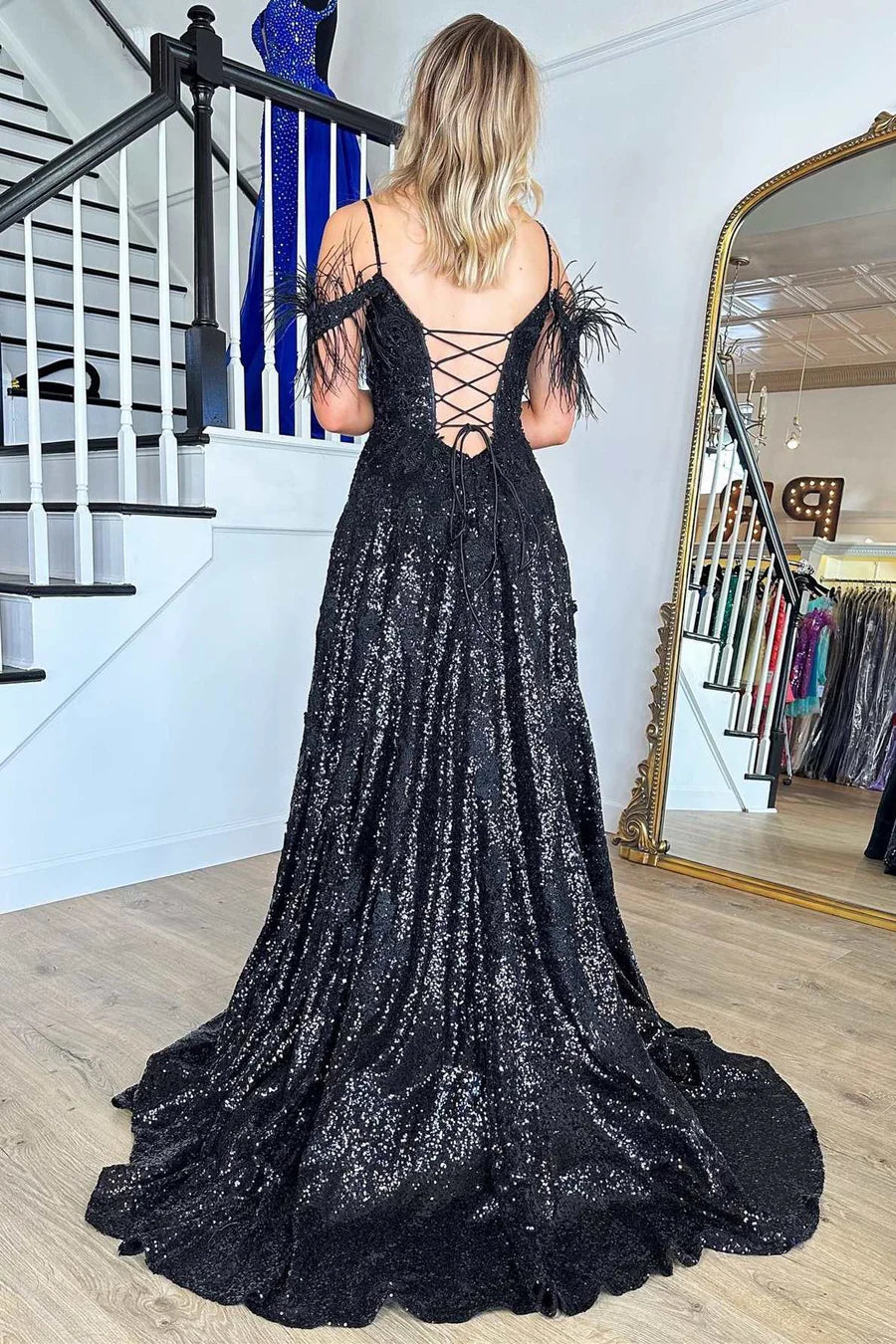 Sequin Feather Off-the-Shoulder Lace-Up A-Line Prom Dress