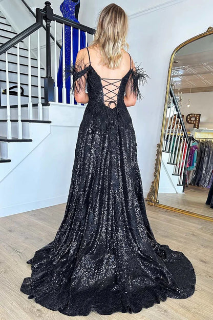 Sequin Feather Off-the-Shoulder Lace-Up A-Line Prom Dress