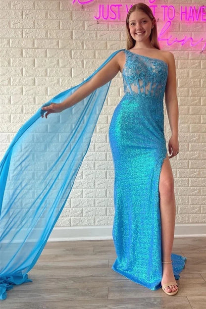 Sequin Lace One-Shoulder Long Formal Dress with Attached Train