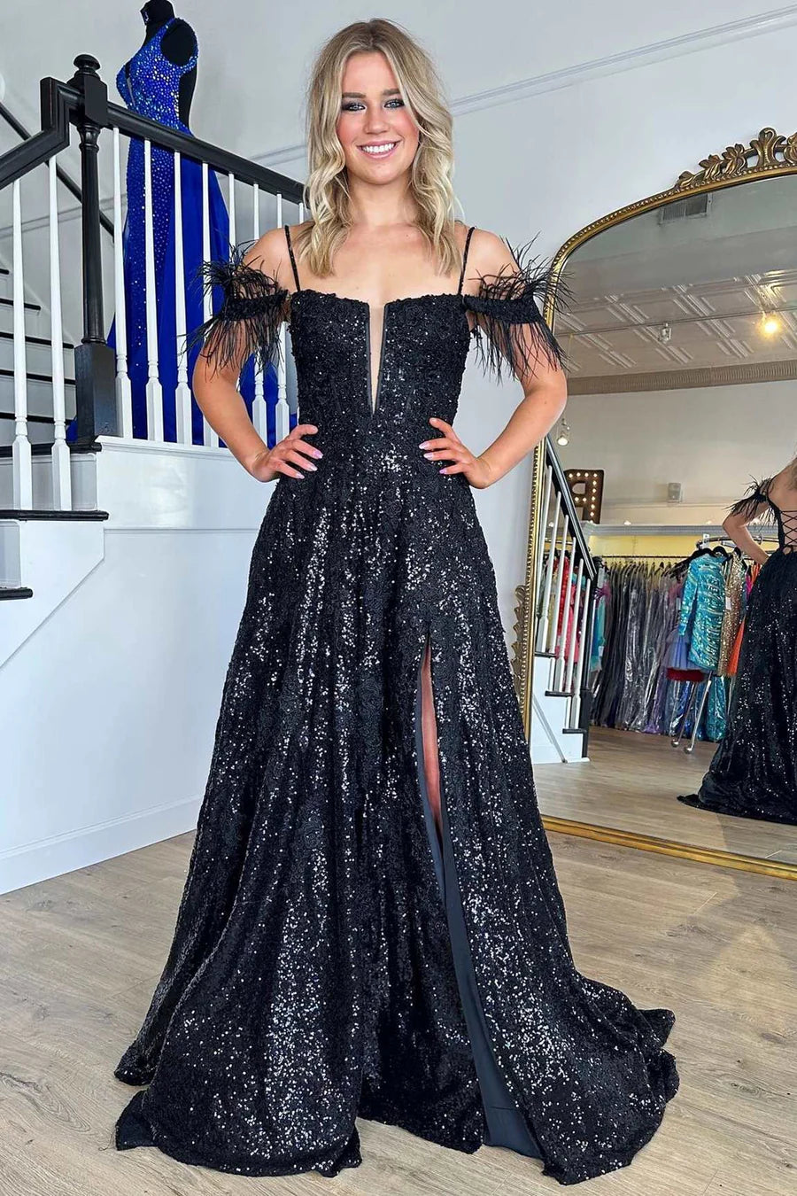 Sequin Feather Off-the-Shoulder Lace-Up A-Line Prom Dress
