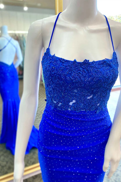Beaded Applique Cross-Back Mermaid Long Formal Dress