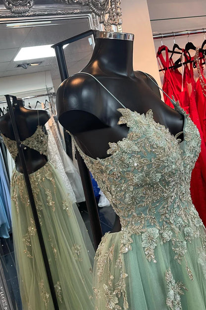 Beaded Embroidery Cutout Back A-Line Prom Dress with Slit