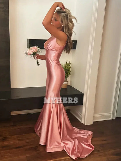 Formal Wear Dresses Deep V Neck Satin Mermaid Cultivate oneself Sleeveless Long Prom Dress Charming Evening Dress