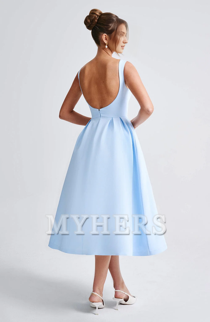 A Line High Wide Boat Neckline Sleeveless Backless Elegant Simple Dresses Bridesmaid Dresses Wedding Guests Dresses