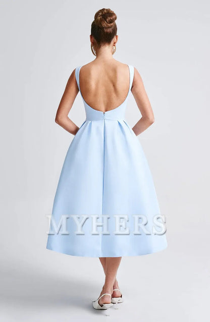 A Line High Wide Boat Neckline Sleeveless Backless Elegant Simple Dresses Bridesmaid Dresses Wedding Guests Dresses