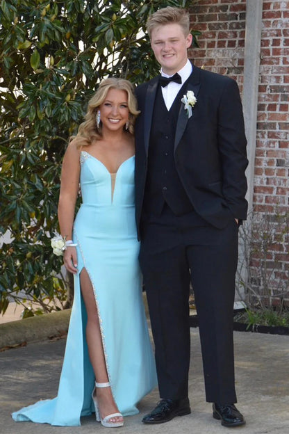 Bead-Trimmed Strapless Long Formal Dress with Slit