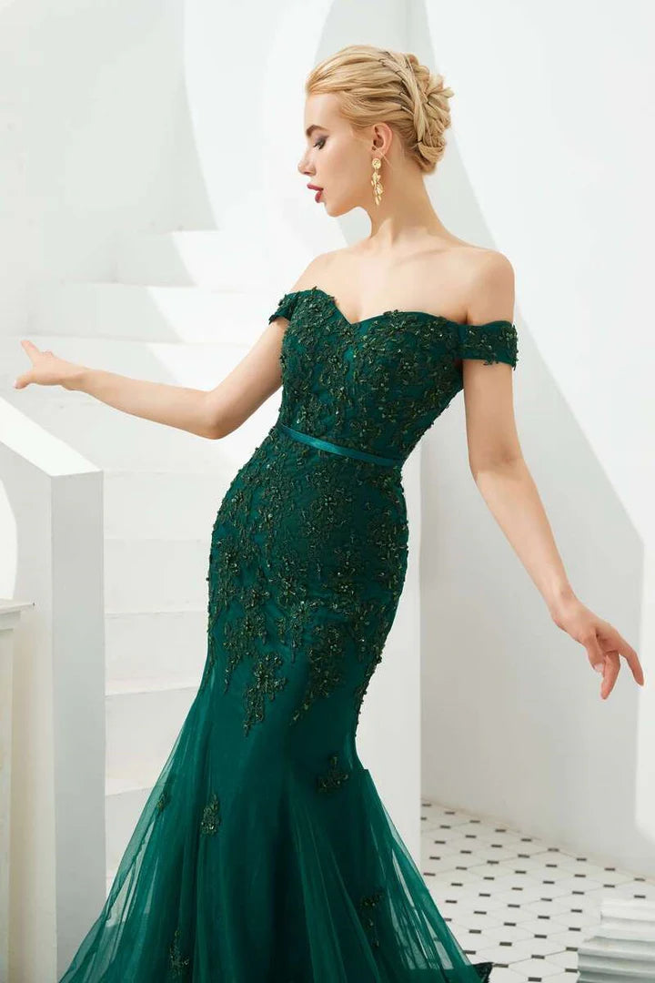 Off-the-Shoulder Appliques Trumpet Long Formal Dress