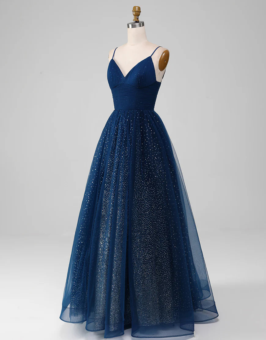 Sparkly Navy A Line Long Prom Dress With Slit
