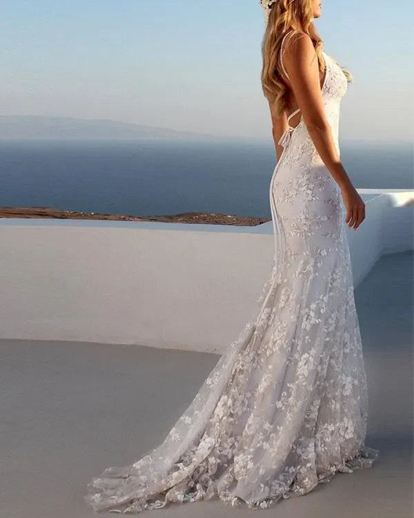 Elegent Lace V-Neck Sleeveless Long Wedding Dress